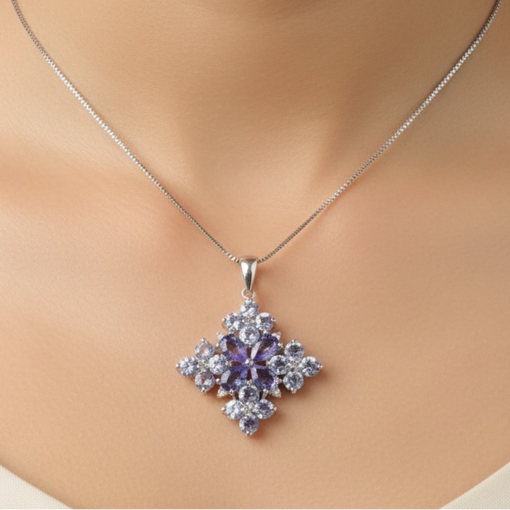 Sterling Silver Tanzanite Cluster Pendant with Chain